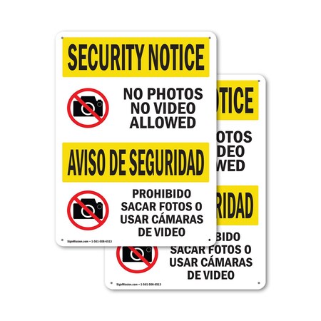 Signmission No Photos Or Video Bilingual OSHA Security Notice Sign, Aluminum, 18in W x 24in L, 2PK OS-2PACK-SN-A-1824-L-11618